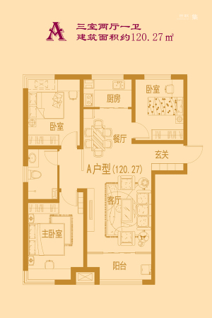 米氏e家天下2#4#A户型-3室2厅1卫1厨建筑面积120.27平米