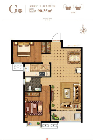天海·博雅盛世D区标准层G户型-2室2厅1卫1厨建筑面积90.35平米
