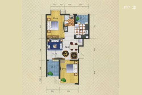 名仕雅居A户型-2室2厅1卫1厨建筑面积92.04平米