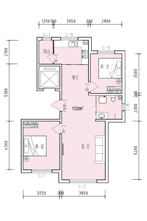 北影新城100平米户型图-2室2厅1卫1厨建筑面积100.00平米
