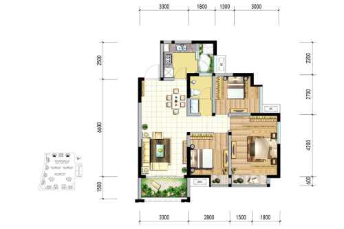 绿岛筑4栋、6栋F3户型标准层-3室2厅1卫1厨建筑面积82.53平米