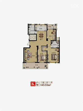 大美公寓k户型-3室2厅2卫1厨建筑面积143.52平米