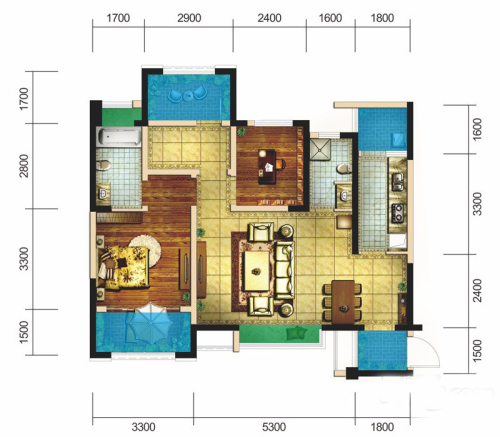 世豪金河谷五期39-50#标准层E2户型-3室2厅2卫1厨建筑面积88.00平米