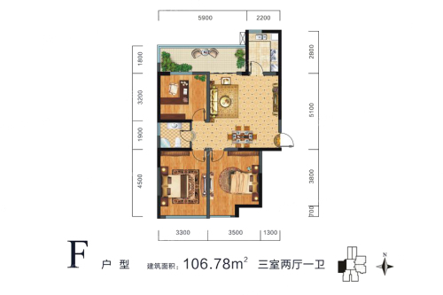 晶鑫华庭F户型-3室2厅1卫1厨建筑面积106.78平米