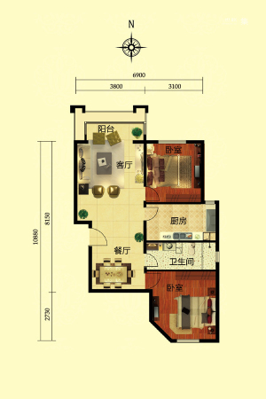 丽都壹号D1反户型-2室2厅1卫1厨建筑面积88.70平米