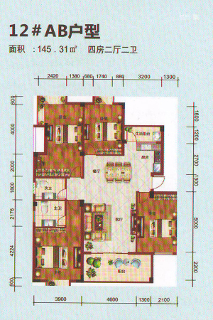 百丰花园12#AB户型-4室2厅2卫1厨建筑面积145.31平米