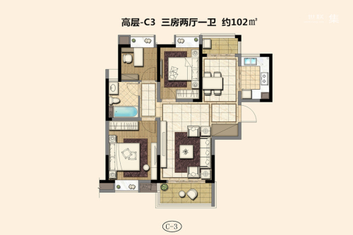 喜之郎丽湖湾一期05#、06#标准层C3户型-3室2厅1卫1厨建筑面积102.00平米