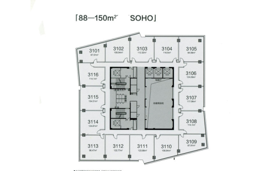 夏宫城市广场SOHO户型图-1室1厅1卫1厨建筑面积88.00平米