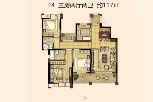 喜之郎丽湖湾一期洋房18#标准层E4户型-3室2厅2卫1厨建筑面积117.00平米