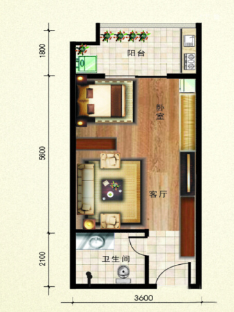 翰林17坊1号楼C户型-1室1厅1卫1厨建筑面积50.55平米