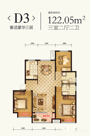 荣盛锦绣观邸D3户型-3室2厅2卫1厨建筑面积122.05平米