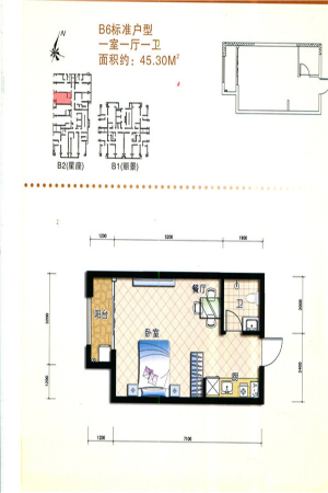 第五街二期二期B栋标准层B6户型-1室1厅1卫1厨建筑面积45.30平米
