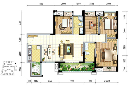 绿岛筑11、12号楼H2户型标准层-4室2厅2卫1厨建筑面积120.21平米
