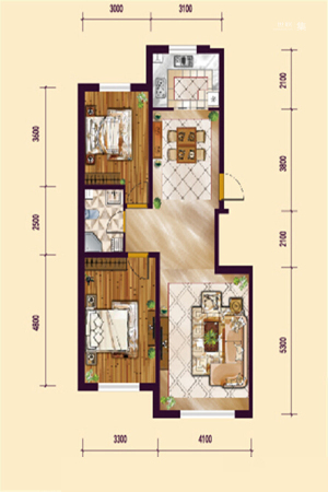 远创紫樾台B2户型-2室2厅1卫1厨建筑面积99.00平米