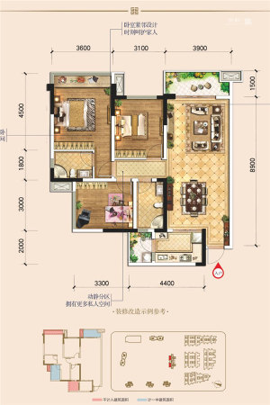 领地锦巷蘭台2-5栋标准层C5户型-3室2厅2卫1厨建筑面积107.16平米