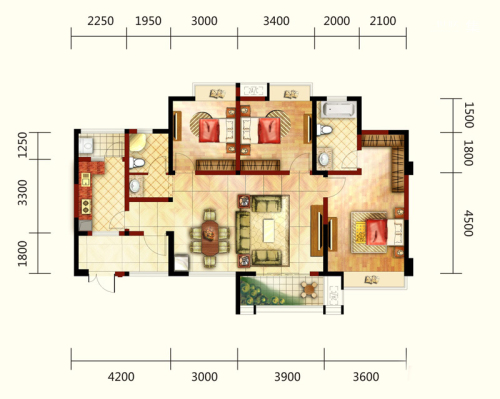 和信孔雀天成三期6-9栋标准层D3户型-3室2厅2卫1厨建筑面积126.10平米