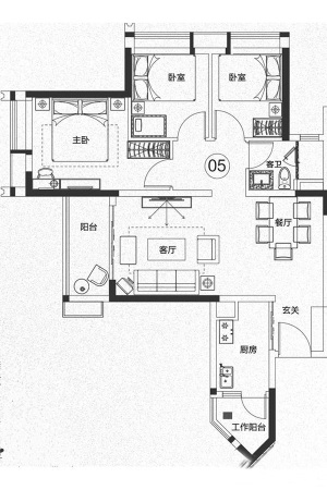 保利紫云B1-05户型-3室2厅1卫1厨建筑面积91.24平米
