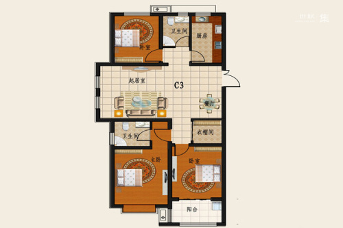 天逸城1#2#3#标准层C3户型-3室2厅2卫1厨建筑面积124.43平米