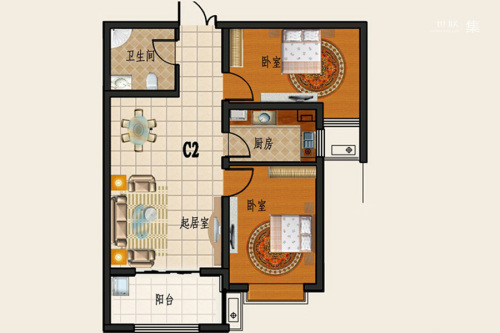 天逸城1#2#3#标准层C2户型-2室2厅1卫1厨建筑面积88.51平米