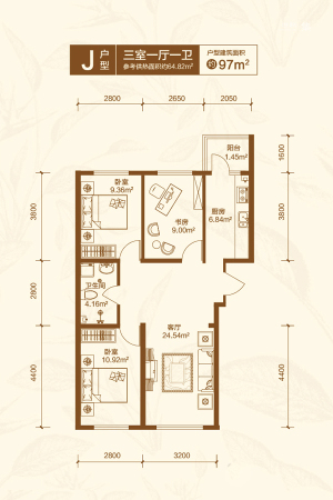 哈西华府二期J户型-3室1厅1卫1厨建筑面积97.00平米