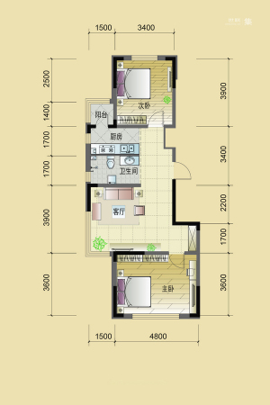 东逸美郡二期M户型-2室1厅1卫1厨建筑面积85.04平米