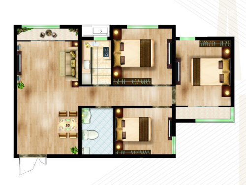 卢浮公寓D-1地块公寓H户型-3室2厅1卫1厨建筑面积84.70平米