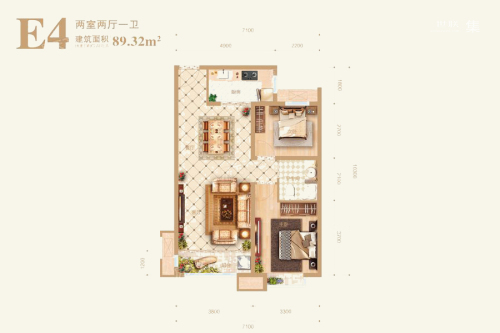 尚宾城3#6#标准层E4户型-2室2厅1卫1厨建筑面积89.32平米
