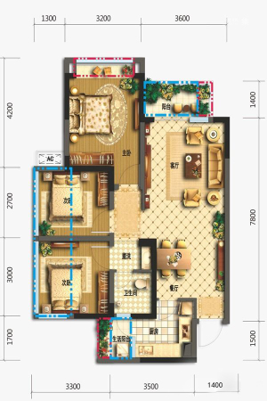 新尚天地2、3、7#标准层C3户型-3室2厅1卫1厨建筑面积85.00平米