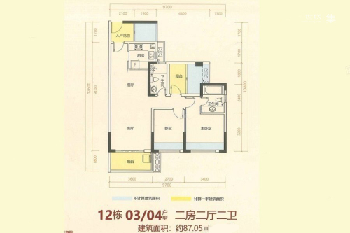 广联博爵12栋03、04户型-2室2厅2卫1厨建筑面积87.05平米