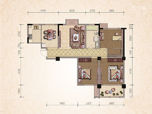 君悦花园一期1#标准层C户型-3室2厅1卫1厨建筑面积125.56平米