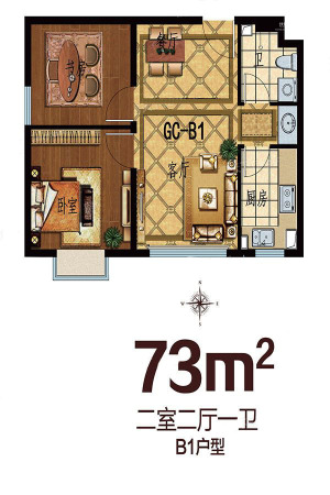 步阳江南壹号GC-B1户型-2室2厅1卫1厨建筑面积73.00平米