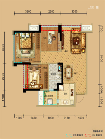 保利林语溪一期9栋标准层B户型-3室2厅1卫1厨建筑面积68.00平米