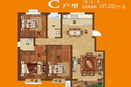 供销社社区C户型-3室2厅2卫1厨建筑面积137.20平米