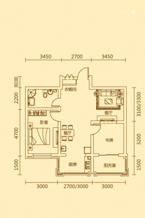 艾格尔e国际B户型-2室2厅1卫1厨建筑面积75.00平米