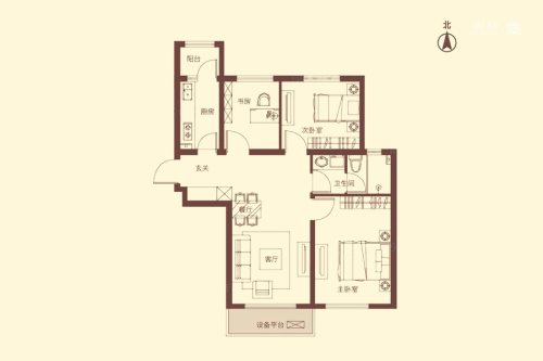 汇智五洲城C1户型-3室1厅1卫1厨建筑面积96.54平米