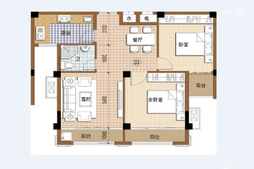 力标赞城一期1-6#标准层C3户型-2室2厅1卫1厨建筑面积72.00平米