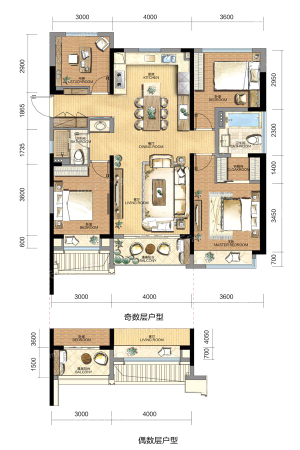 领航城121方户型-4室2厅2卫1厨建筑面积121.00平米