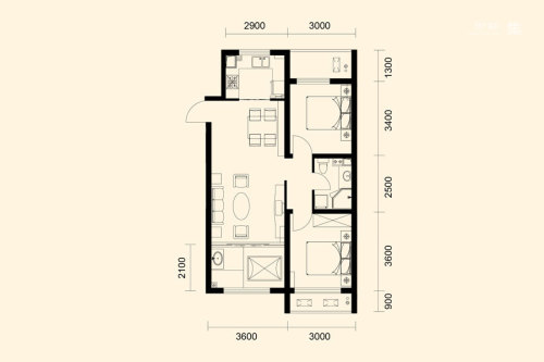 红豆杉温泉花园C3户型-2室2厅1卫1厨建筑面积86.00平米