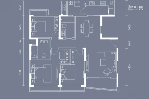 中环丰锦4、6、10、12号楼标准层C1户型-3室2厅2卫1厨建筑面积126.00平米
