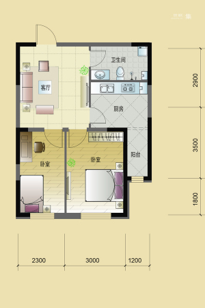 东逸美郡二期L户型-2室1厅1卫1厨建筑面积70.66平米