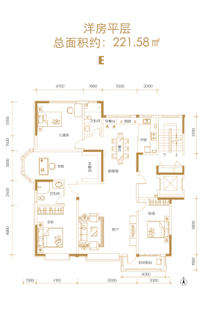 鑫界王府E户型-4室2厅2卫1厨建筑面积221.58平米