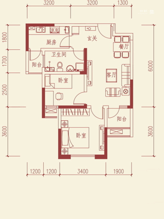 鲁班·尚品D2户型-2室2厅1卫1厨建筑面积72.00平米