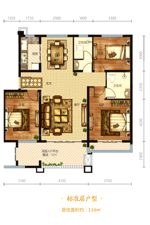 奥冠水悦龙庭洋房116平户型-3室2厅2卫1厨建筑面积116.00平米