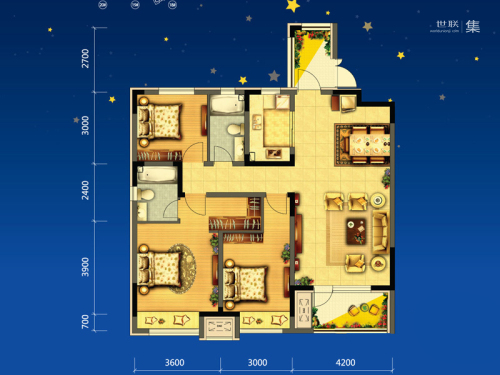 美的城C1户型-3室2厅2卫1厨建筑面积123.00平米