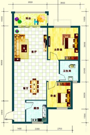 中泰名园2-1-03、2-2-01户型-2室2厅1卫1厨建筑面积79.84平米