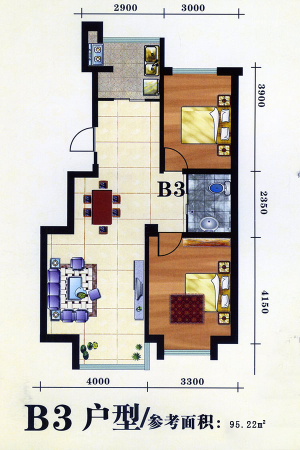 步阳国际B3户型95.22平-2室2厅1卫1厨建筑面积95.22平米