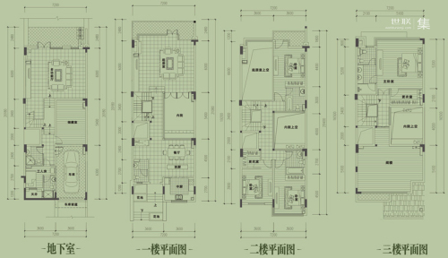 华侨城天屿二期100栋联排C2户型1-3层-4室2厅4卫1厨建筑面积300.00平米