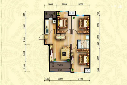 坤博幸福城E户型-3室2厅1卫1厨建筑面积101.68平米