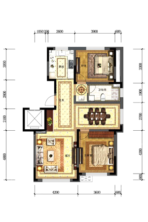 金色橄榄城三期三期B3户型图-2室2厅1卫1厨建筑面积110.15平米