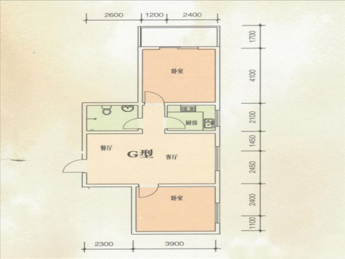 东方绿洲G户型-2室2厅1卫1厨建筑面积88.73平米